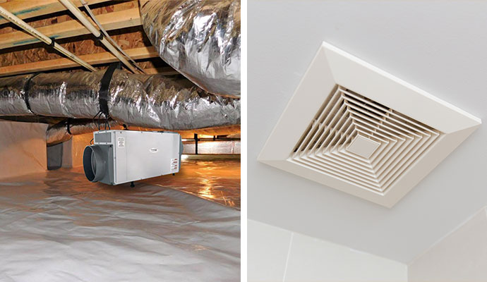 Collage of crawl space dehumidification and ceiling ventilation