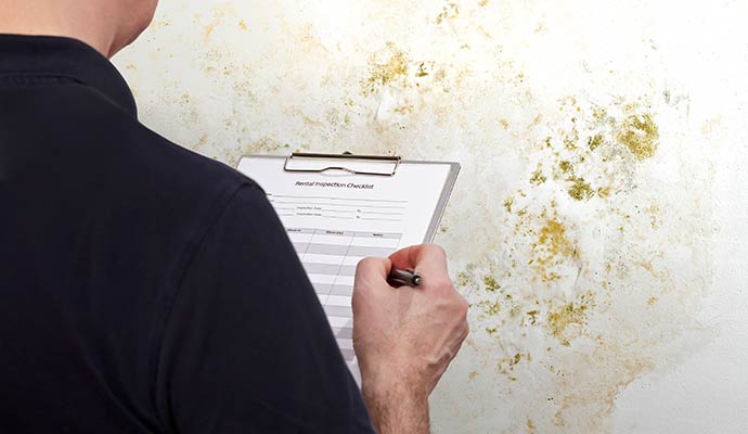 Inspector evaluating mold stains on wall with inspection checklist