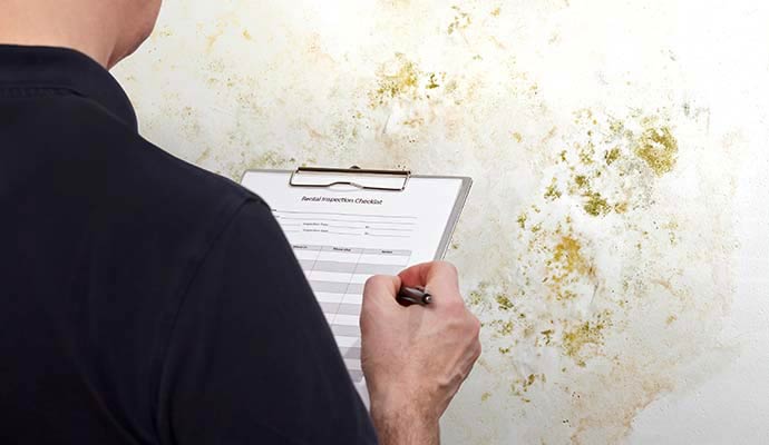 A professional inspector holding a clipboard and pen while assessing extensive green and yellow mold growth on a white indoor wall