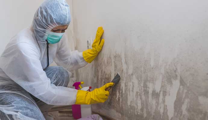 Person wearing protective gear cleaning mold