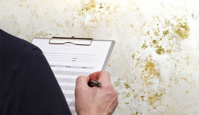 Person taking notes during mold wall inspection