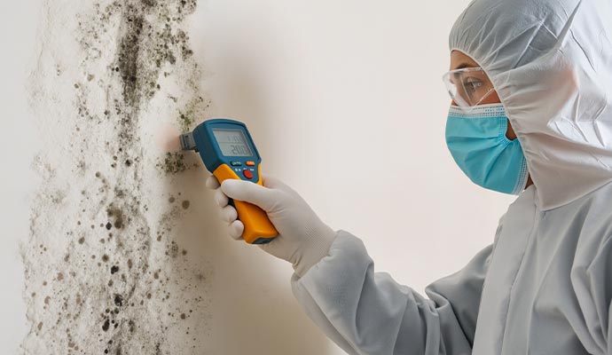 A professional inspecting molded wall with equipment