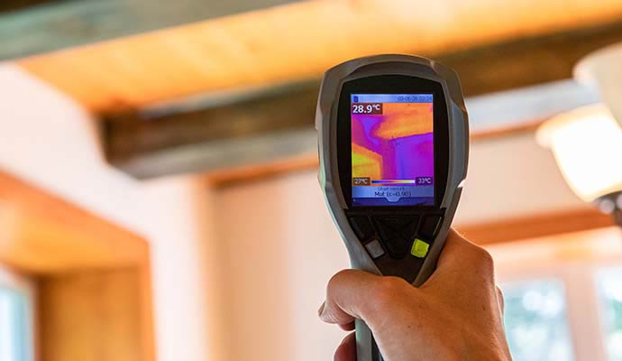 A hand holding a thermal imaging camera showing heat signatures on a ceiling to detect potential moisture or leaks