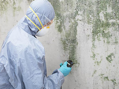worker inspecting mold on the wall
